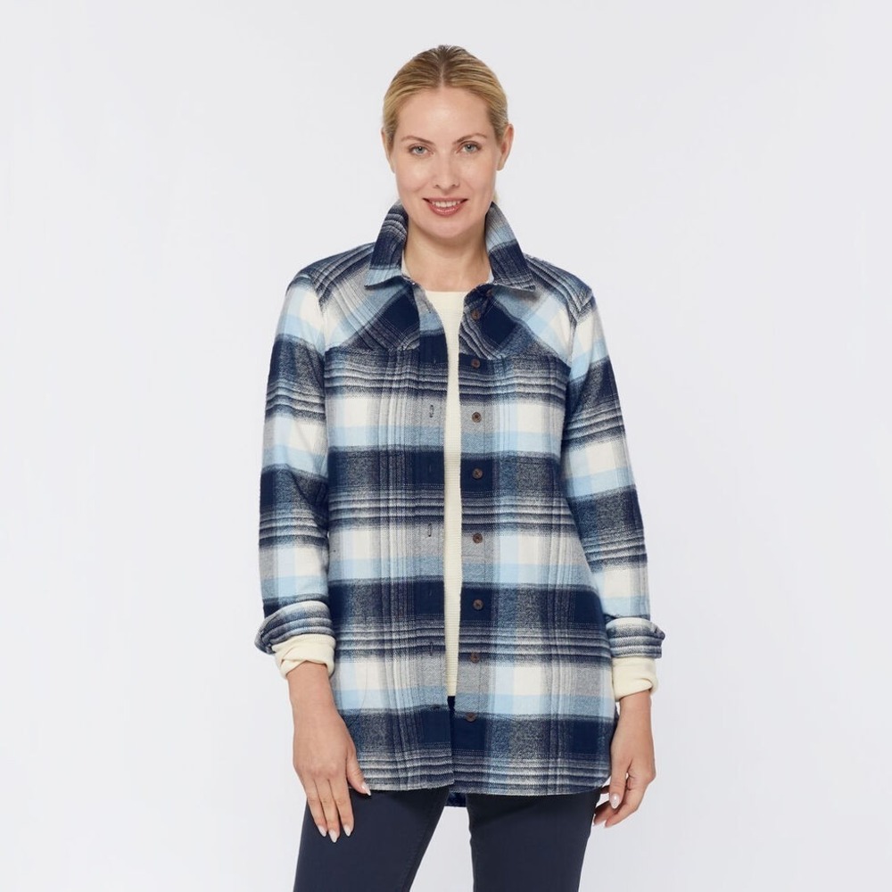 Duluth Trading Folklore Flannel Tunic Womens Small Navy White Plaid $70